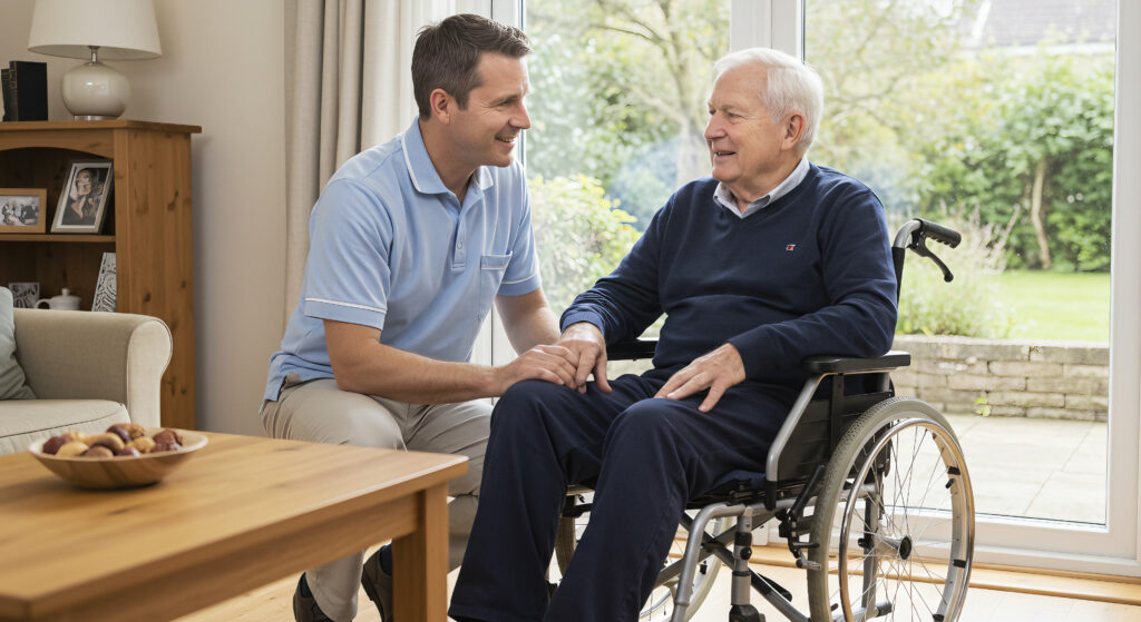 A caregiver sits beside an older man in a wheelchair and holds his hand in a bright living room.
