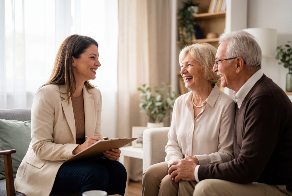 A friendly social worker talks with a smiling older couple at home.